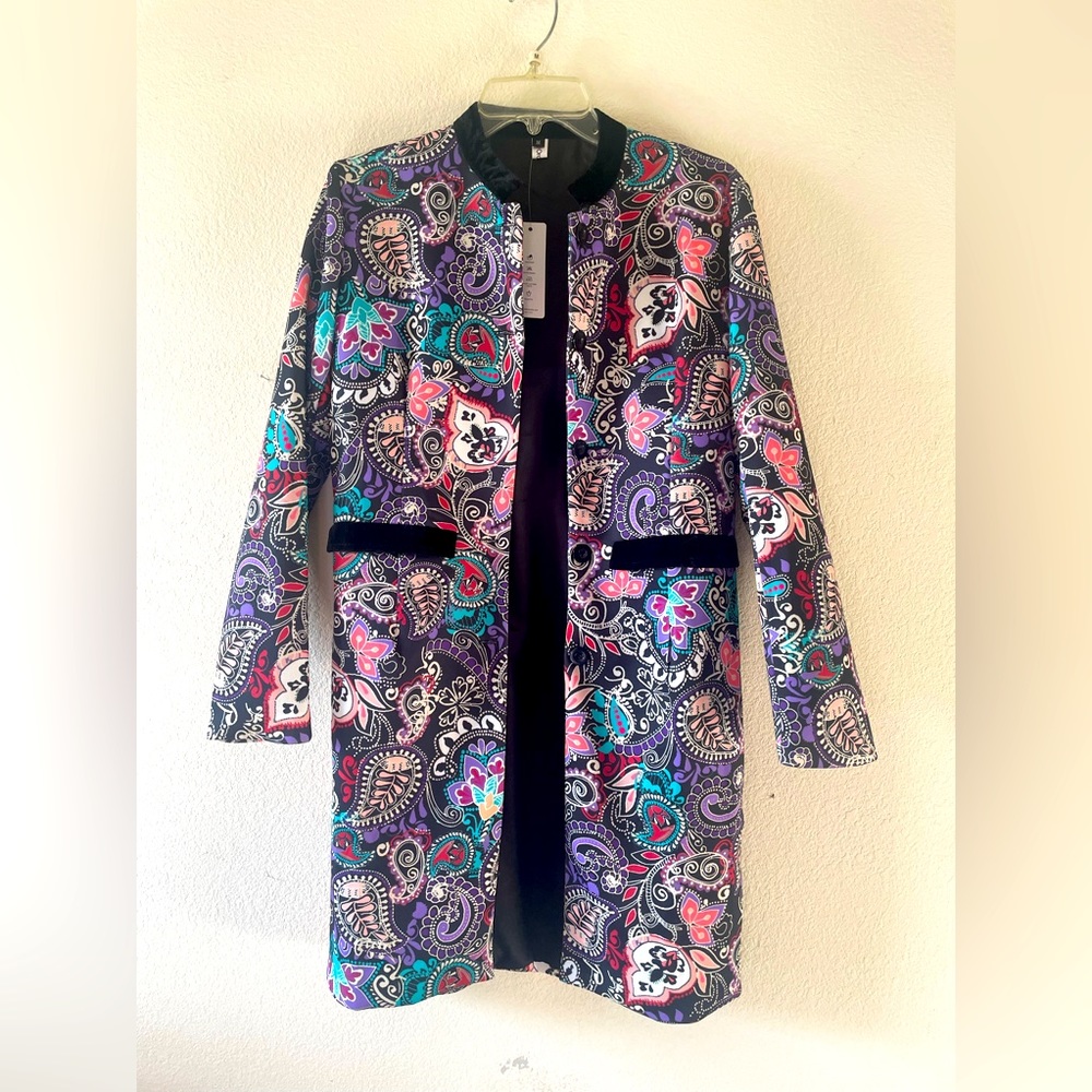 Funky ladies jacket multicolored paisley with black velvet trim size M (fits S)